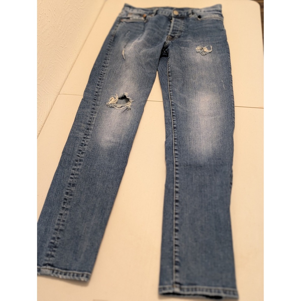 H&M &Denim Slim Distressed Blue Jeans Button Fly 29x32 Medium Wash Distressed